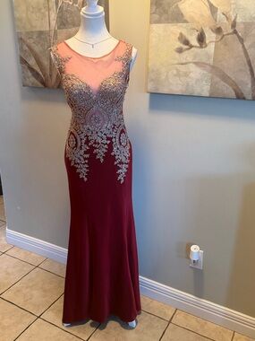 Clarisse Burgundy and Gold Beaded Illusion Prom Gown